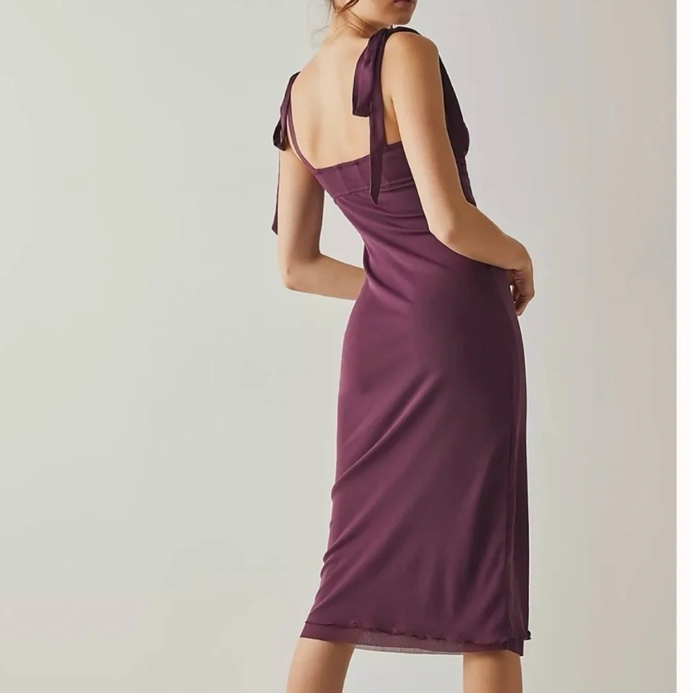 Free People Got Glam Mesh Slip Dress Midi Sleeveless Lettuce Trim Maroon L